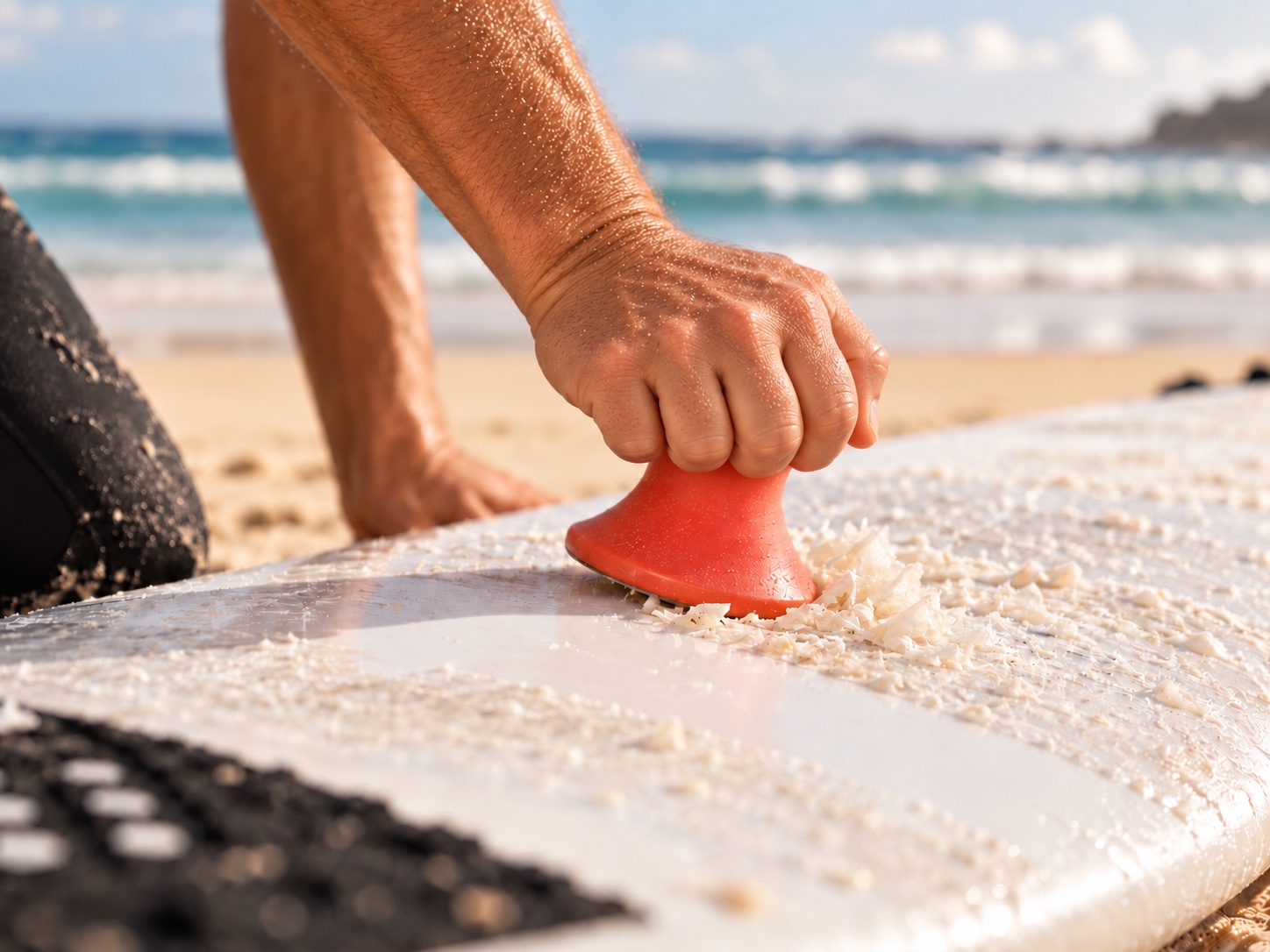 A hand using a coral Wax Off scraper to remove old wax from a white surfboard on the beach